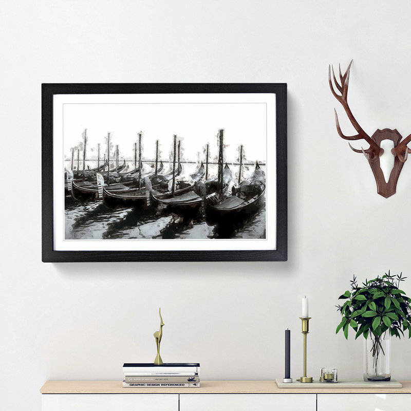 Docked Gondolas in Venice Italy in Abstract - Picture Frame Painting Print, Black Framed, 62cm H x 87cm W x 2cm D