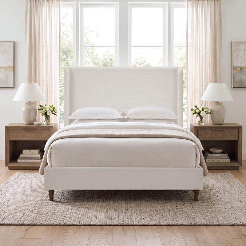 Mozter Upholstered Wingback Bed, Boxspring Required, King, Ivory Canvas