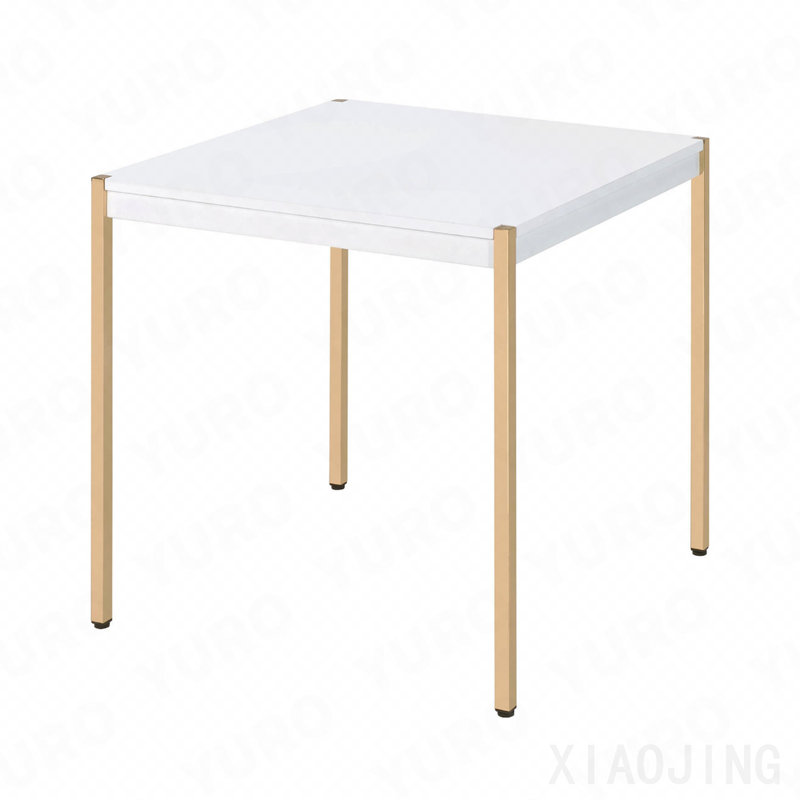 Table de bout carrée avec pieds en métal, blanc et or
