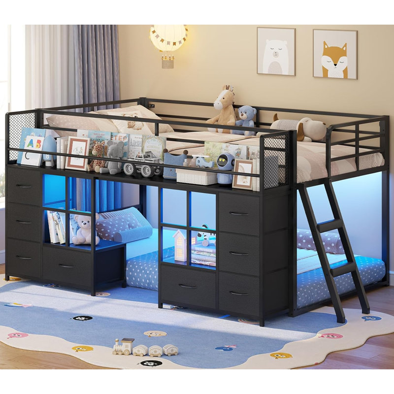 Lit superposé simple simple au-dessus de simple avec 8 tiroirs en tissu et bibliothèque, lits superposés de taille simple avec lumières DEL, fenêtres avec échelle inclinée, barrières de sécurité de 13,4 po, lits superposés en métal peu encombrants