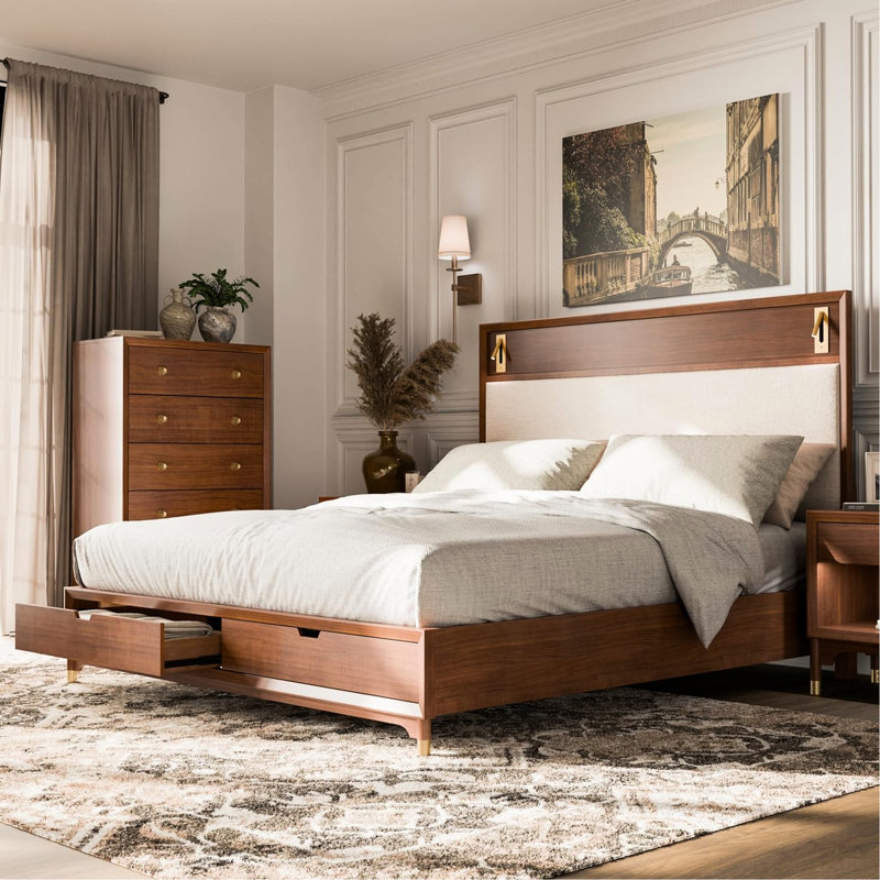 Grand lit avec rangement, esthétique moderne de style Mid-Century, placage de noyer, bois d'ingénierie, prêt pour un matelas, lit à pieds arrondis, finition, bois massif et bois d'hévéa, tête de lit tapissier avec lumières DEL,
