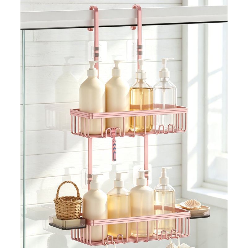Étagère suspendue en aluminium avec porte-savon double et 4 crochets, organisateur de salle de bain, Rose