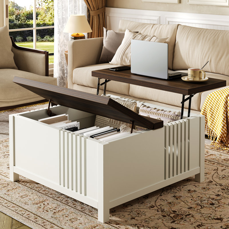 Table basse Farmhouse, Plateau en bois brun foncé/Socle blanc