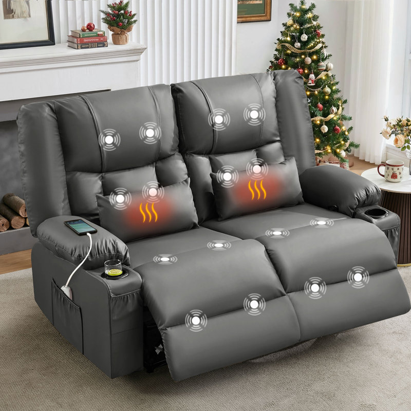Canapé inclinable avec massage et chauffage et porte-gobelets et poche latérale, Gray Faux Leather