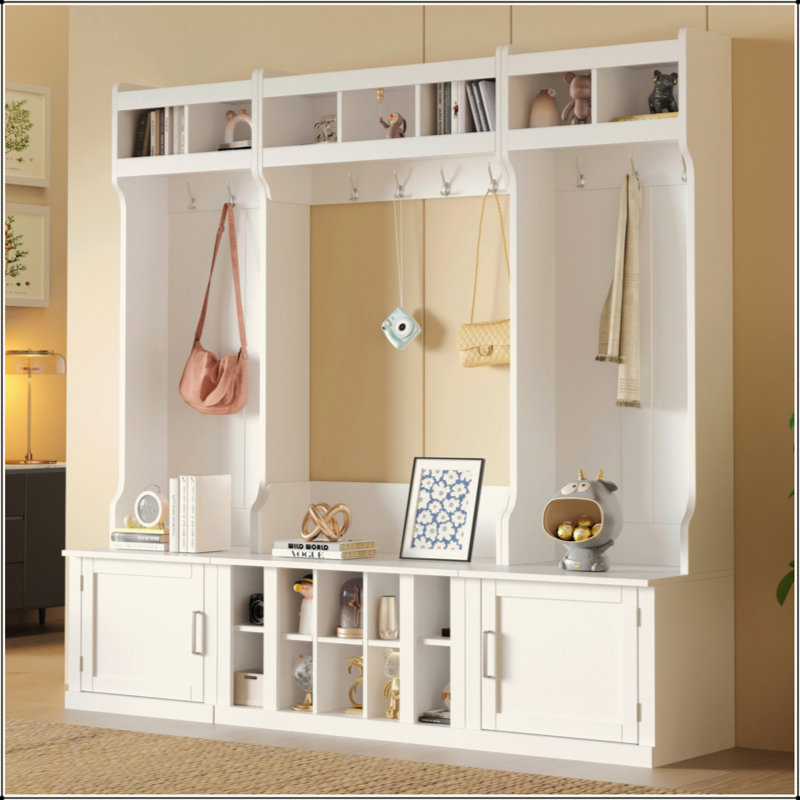 Arbre d'entrée large avec rangement et banc, banc d'entrée multifonctionnel 4-en-1 avec portemanteau et casiers à chaussures, mobilier pratique pour le couloir