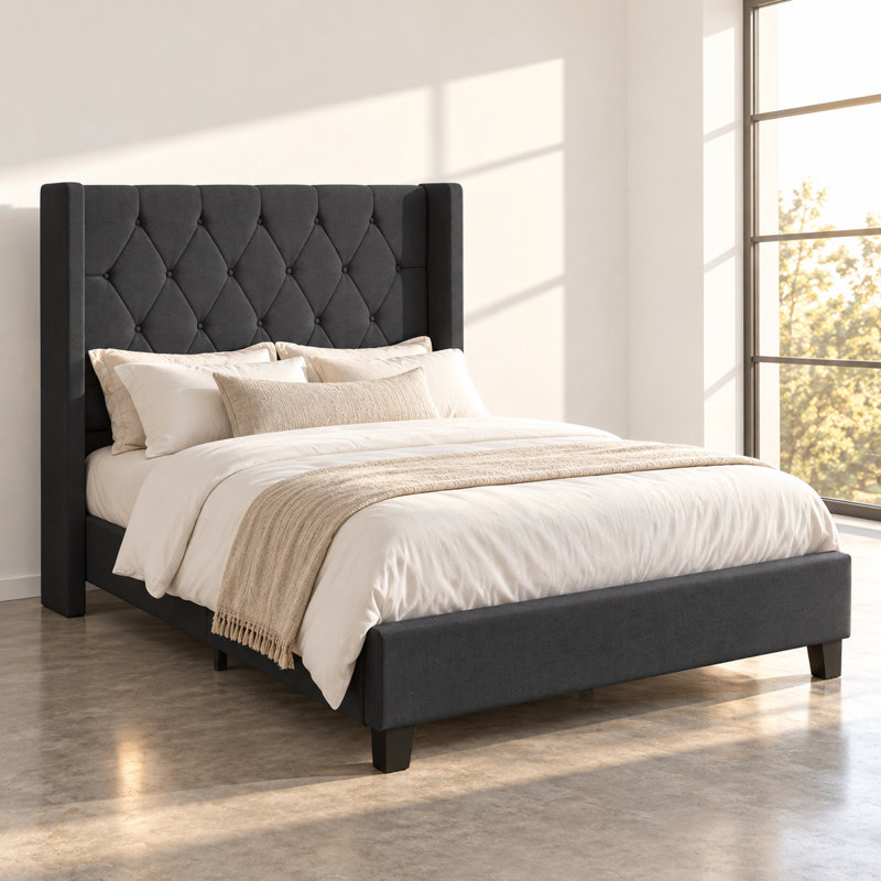 Cadre de lit plateforme Queen Size avec tête de lit capitonnée en velours, lit rembourré avec sommier à lattes en bois robuste