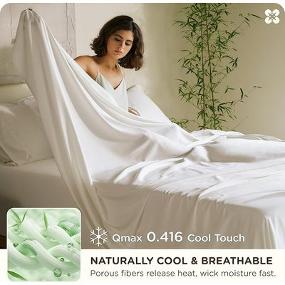 Bedsure 100% Organically Grown Bamboo Viscose Sheets - 18 Inches Deep Pocket Sheets With Elastic Corner, Queen Sheet Set, -Soft, Silky & Cooling Bedsheets, Oeko-Tex, 4 Pieces, Ivory