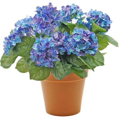 Premium Quality Artificial Hydrangea Flower Bush in Terracotta Coloured Pot (50cm) with Nine Flower Clusters for