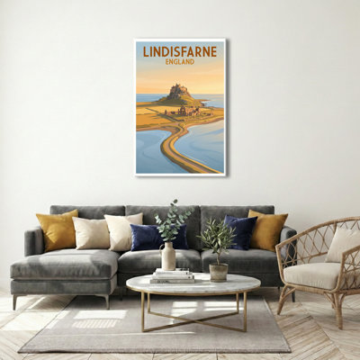 Lindisfarne, England - Holy Island Travel Poster: Priory, Castle and Tidal Causeway. Giclee Print on Wrapped Canvas. Wall Art, Home Decor - Religious & Cultural Sites, England 1 Piece Wrapped Canvas Wall Art