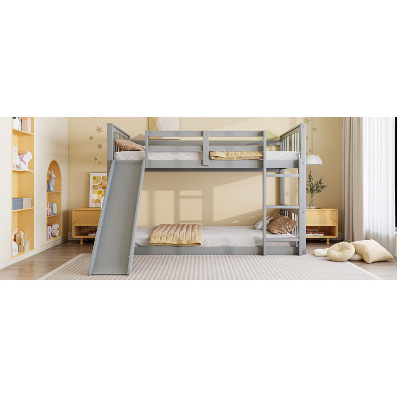 Twin Over Twin Solid Pine Bunk Bed With Full-Length Safety Guardrail, Grey