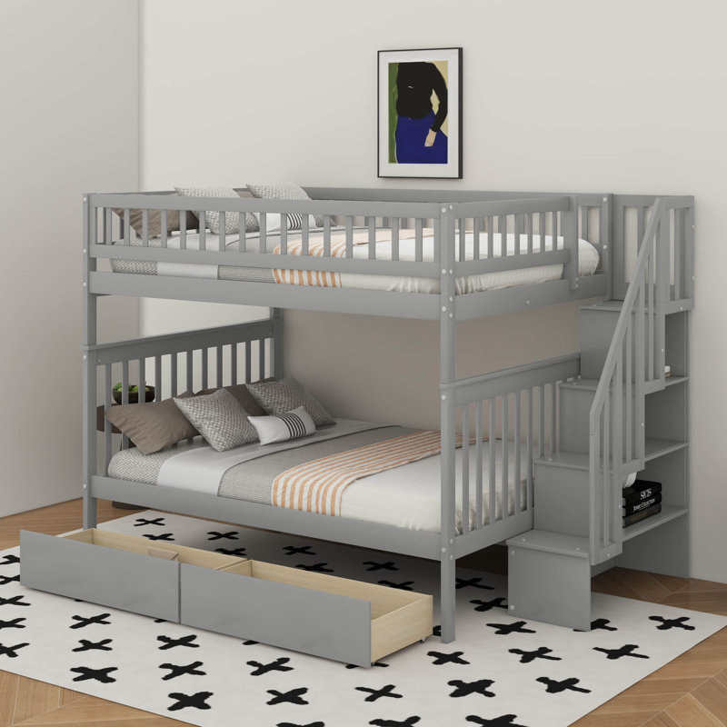 Full Over Full Bunk Bed With Drawers, Gray