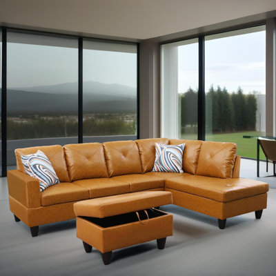 Monaco Vegan Leather 3-Piece Sectional Sofa Set With Chaise And Storage Ottoman
