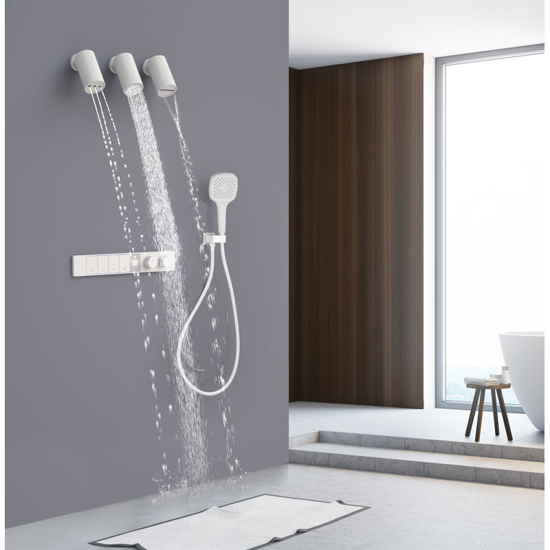 Wall Mounted 4-Function Thermostatic Shower System with Rainfall, Waterfall & Water Column Shower Head, Shower Faucet with Rough-in Valve & 3-Function Handheld Shower