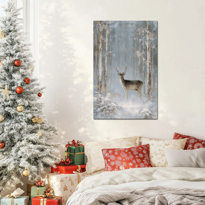 Art mural hivernal - cerf dans la forêt enneigée, décoration murale d'hiver, impressions de Noël rétro pour le salon, art mural encadré en pin sur toile de Noël, 20 po x 30 po
