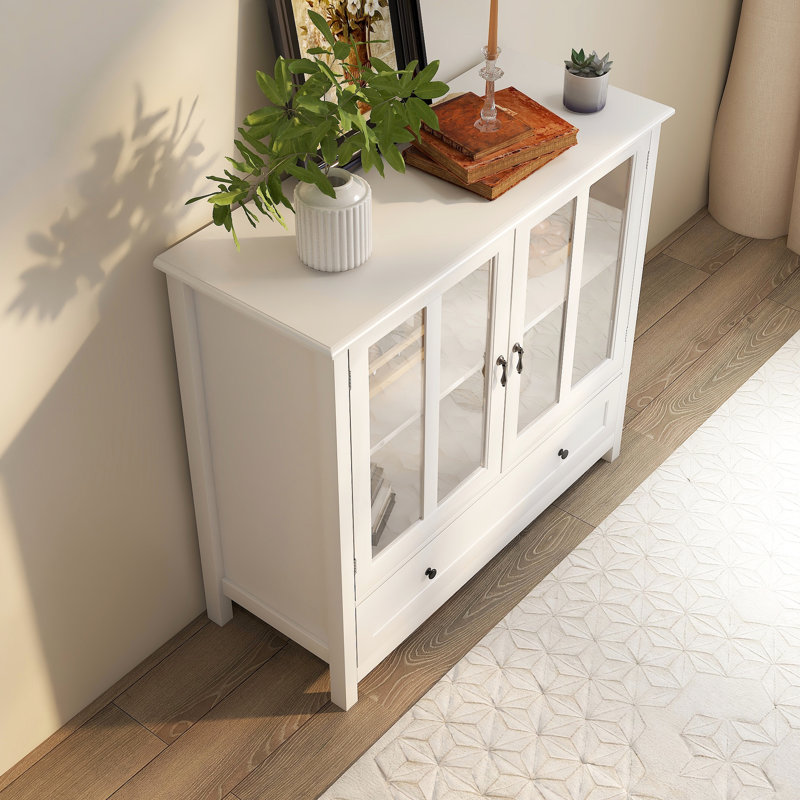 Buffet à double porte vitrée avec poignée cloche - Panneaux E1 pour une utilisation durable - Étagères réglables - Buffet blanc pour salon ou cuisine