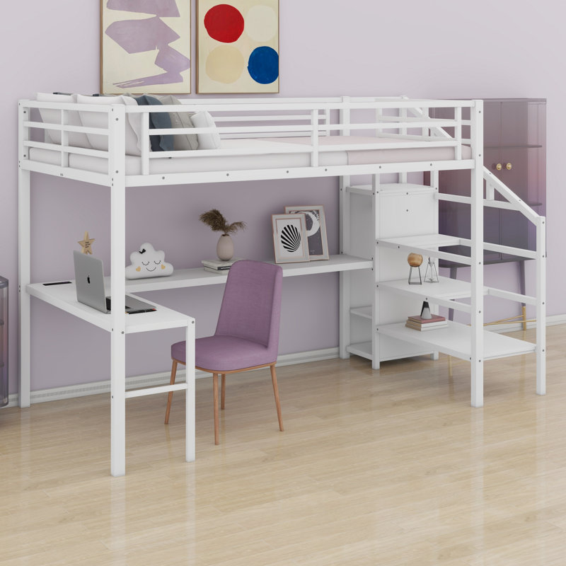 Loft Bed With L-Shaped Desk And USB,Wardrobe Shelf And LED, White