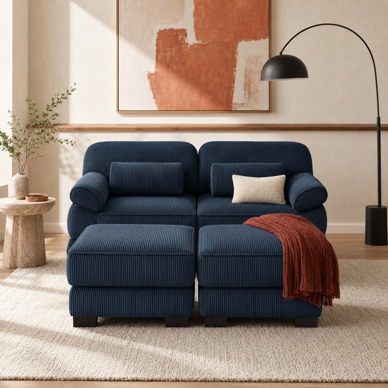 Canapé modulaire réversible en velours côtelé avec repose-pieds et dossier réglable de 76,4 po Lunvella, Blue