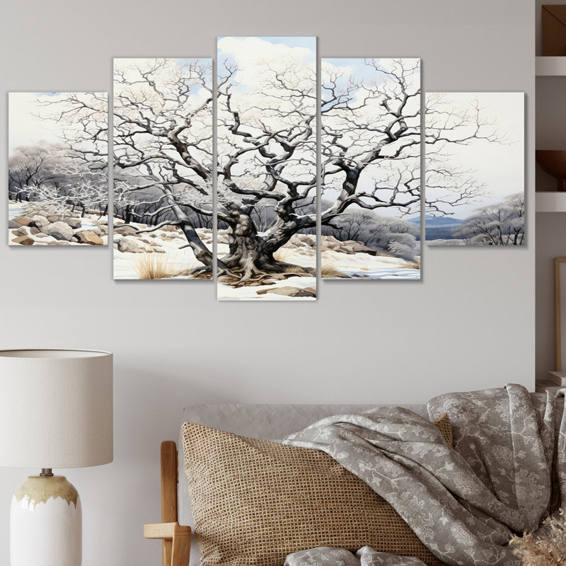 Arbre gris monochromatique sérénade III - Art mural sur toile floral - 5 panneaux