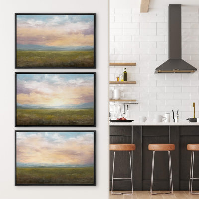Campagne rustique, coucher de soleil, ciel, campagne française, paysage sauvage, nature, illustrations, 3 pièces