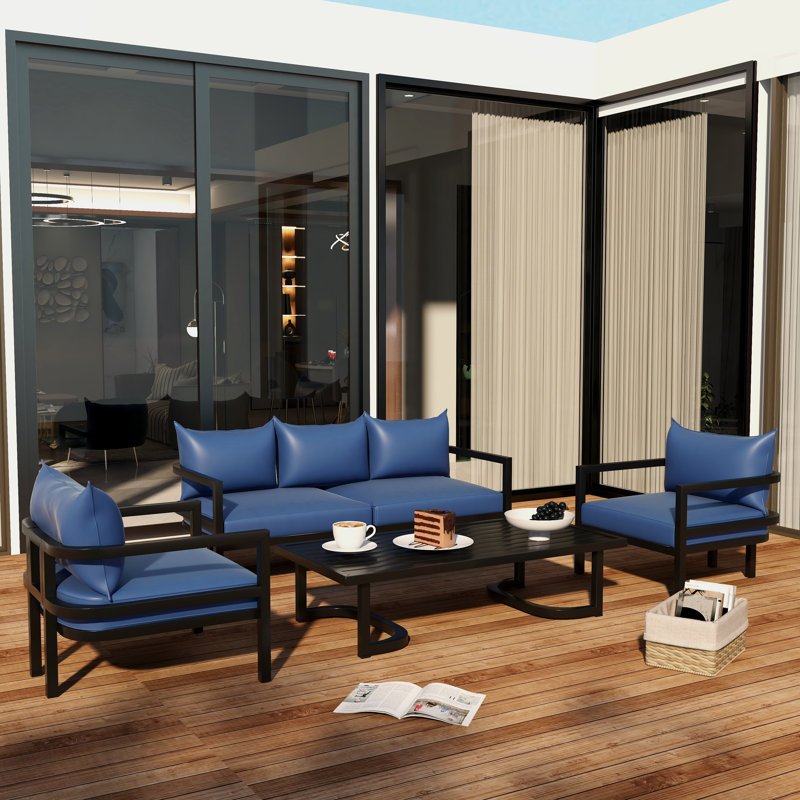 Rajina Wood 3 - Person Patio Conversation Set with Cushions, Blue