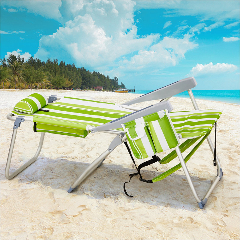 Chaise de plage pliante 5 positions avec porte-gobelet et pochettes de rangement, structure en aluminium vert, capacité de 100 kg, hauteur d'assise de 99 cm