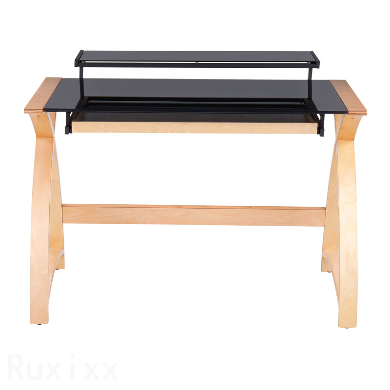 Bureau Mid-Century moderne, bois naturel et verre noir
