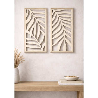 Modern Wooden Wall Sculpture – Set of 2 Tropical Palm Leaf Panels for Living Room, Bedroom, Entryway Wall Decor