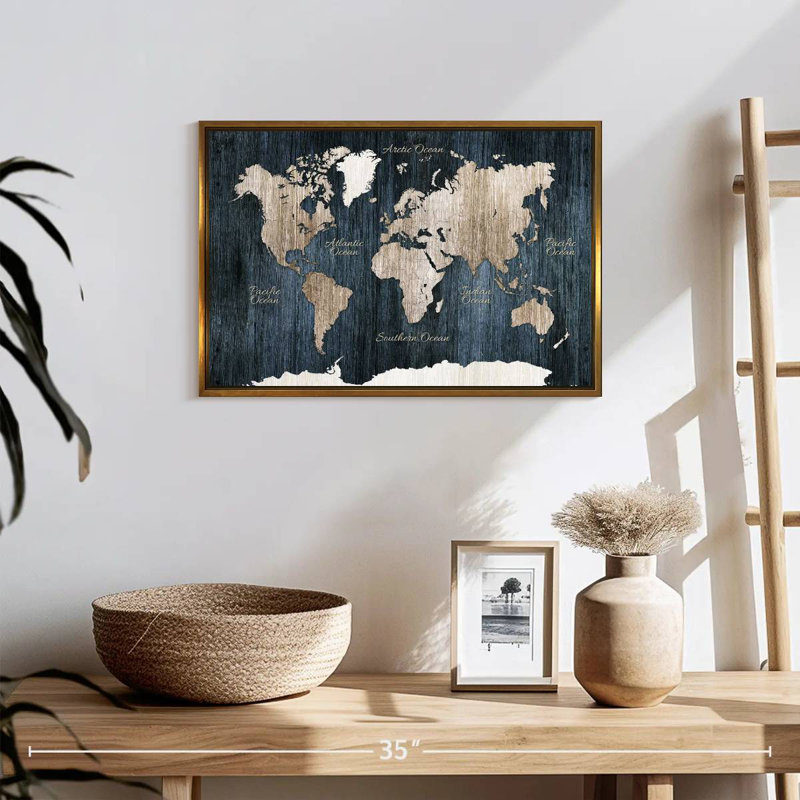 Carte du monde en bois vieilli, 19 po x 13 po, Cadre flottant doré