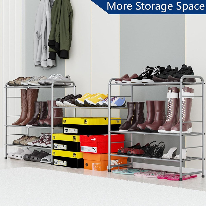 Étagère à chaussures empilable à 4 niveaux - Organisateur de chaussures à grille extensible et réglable, grande capacité (argent)