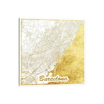 Barcelona Gold Leaf Urban Blueprint Map by Hubert Roguski - Wrapped Canvas Gallery-Wrapped Canvas Giclée