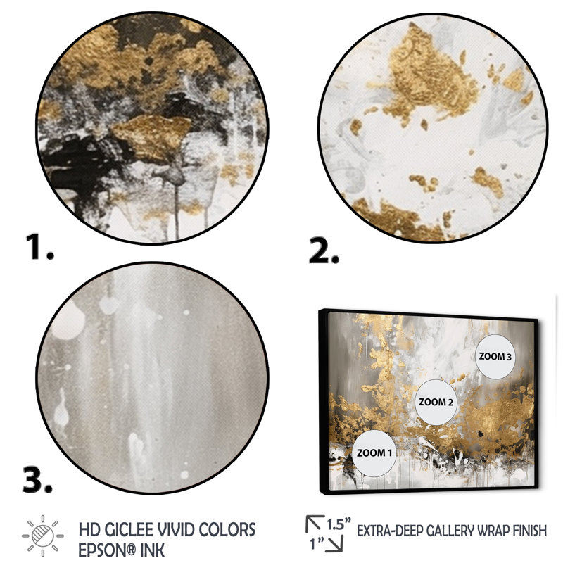 Or et blanc abstrait - art mural abstrait, H 16 po x l 32 po x P 1 po, Cadre flottant noir