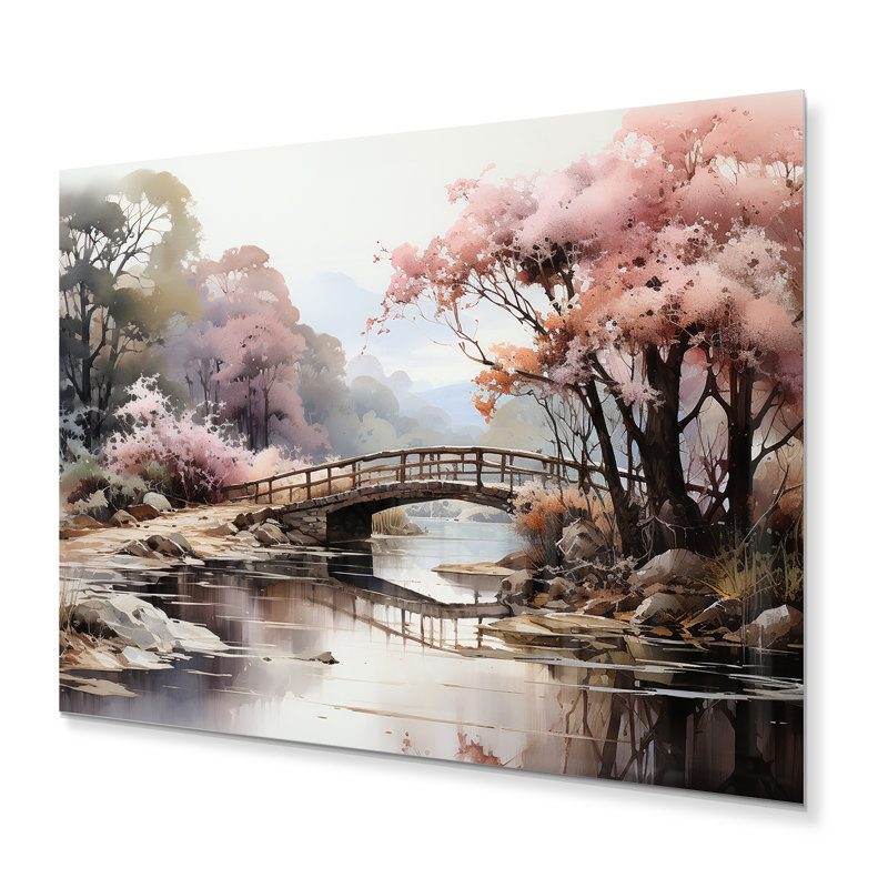 «Pink Bridge Misty Morning Passage», reproduction sur toile sans cadre, H 12 po x l 20 po x P 1 po