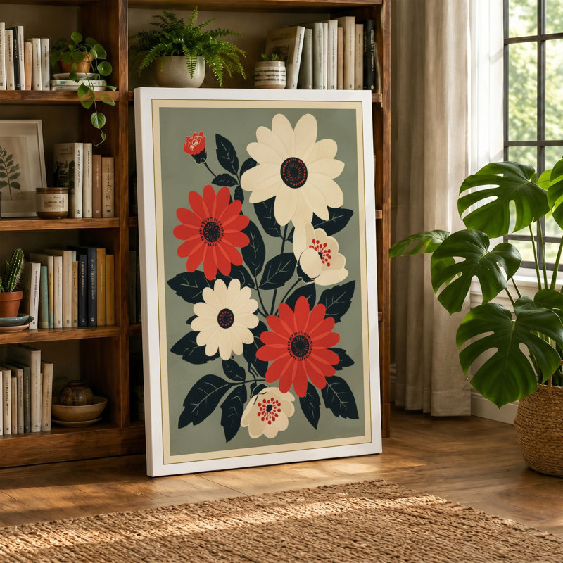 Folk Flower Study Botanical - Wrapped Canvas, 24x16 - 61.0 x 40.6 cm, Cream Border