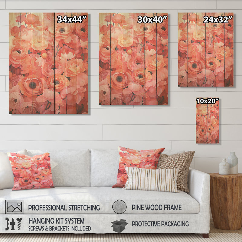Coran Ranunculus Radiant Beauties - Renoncule sur bois, H 44 po x l 34 po