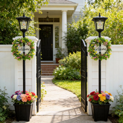 Lampadaire solaire de 150 cm avec jardinière intégrée 2 en 1, étanche, éclairage extérieur, lumière jaune chaude du crépuscule à l'aube, jardinière extérieure pour fleurs naturelles ou artificielles, éclairage solaire pour pelouse, terrasse, entrée/porte de derrière