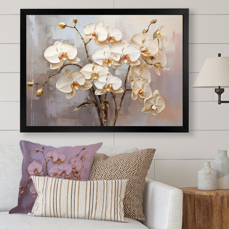 Minimalisme beige et orchidées dorées I sur toile, Cadre simple noir, H 16 po x l 32 po x P 1 po