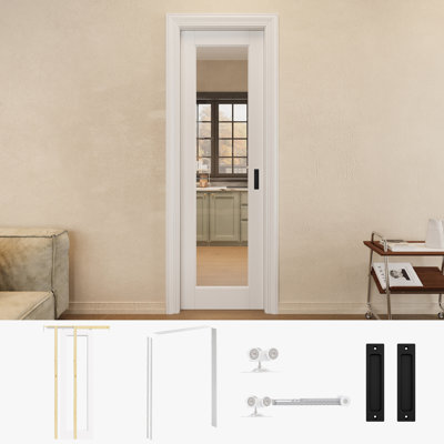 Porte de garde-robe coulissante en verre transparent 24 po x 80 po à 1 litre avec quincaillerie noire et cadre de porte blanche