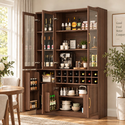 Meuble-bar à vin de 180 cm de haut avec portes vitrées, casier amovible pour 14 bouteilles et rangements de porte.