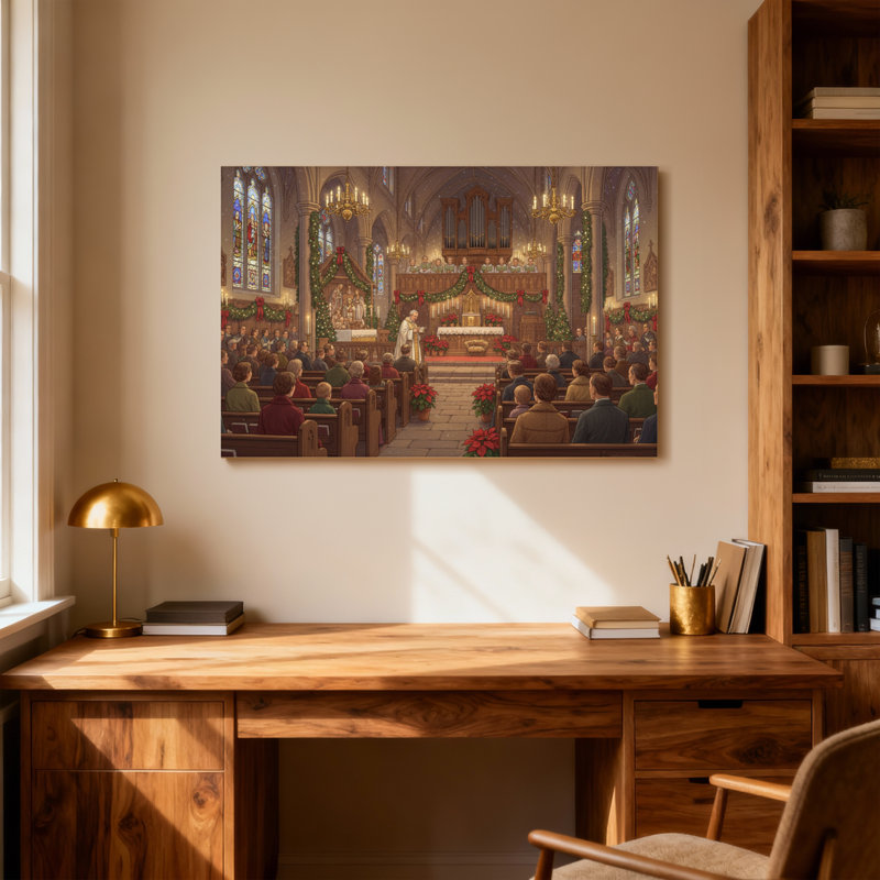 Scène de célébration de Noël à l'intérieur de l'église de Noël, H 12 po x l 18 po