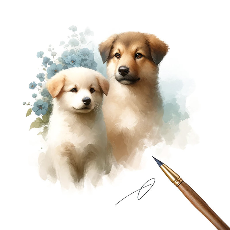 «Artistic Pups With Florals» sur toile, H 24 po x l 24 po x P 1,5 po