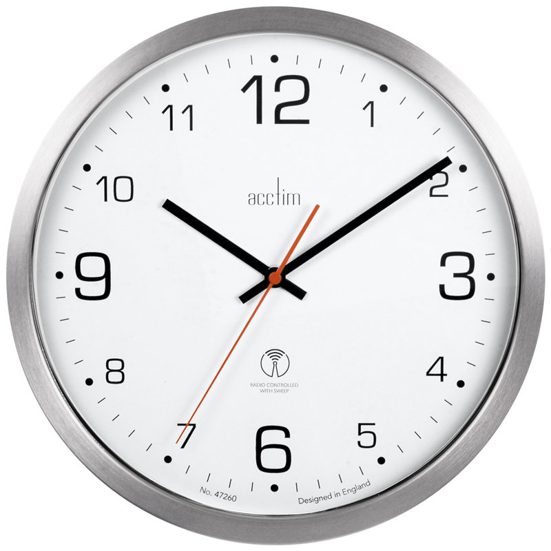 Acctim Atomik Wall Clock Non-Ticking Sweep Radio Controlled Brushed Metal Case Titanium 30cm