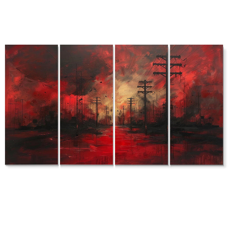 Ensemble de salon art mural rouge et noir Power Lines To The Darkness III, H 28 po x l 48 po
