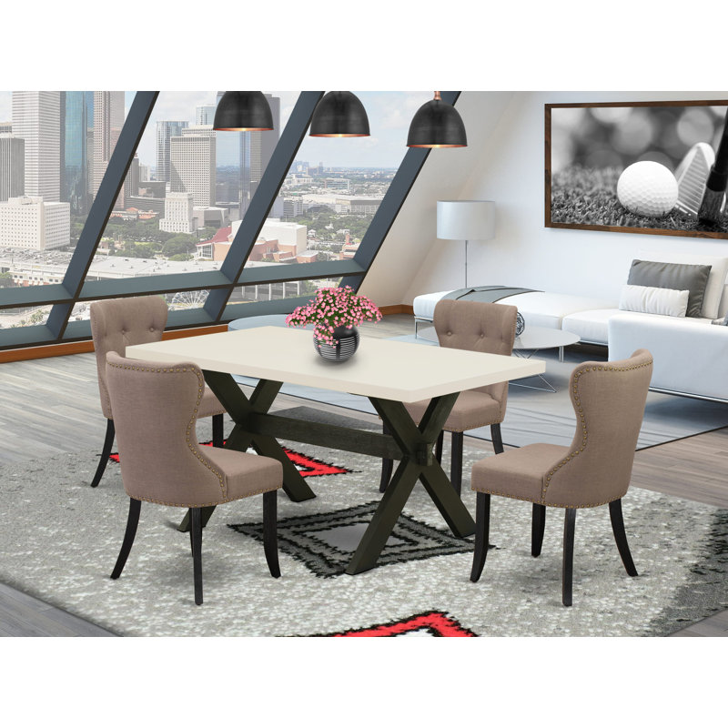 Ensemble de table de salle à manger 5 pièces moderne comprenant une table rectangulaire en bois avec pieds en X et 4 chaises de salle à manger en tissu Parsons, noir brossé