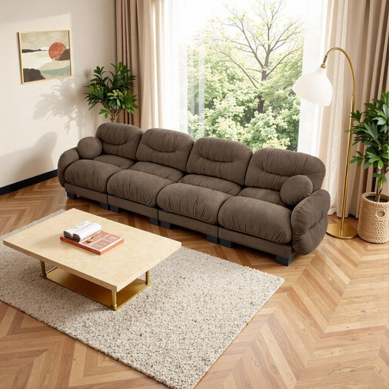 Canapé modulaire confortable en chenille avec motif plissé - Ensemble de canapé brun à 4 places avec mousse ergonomique et coussins décoratifs