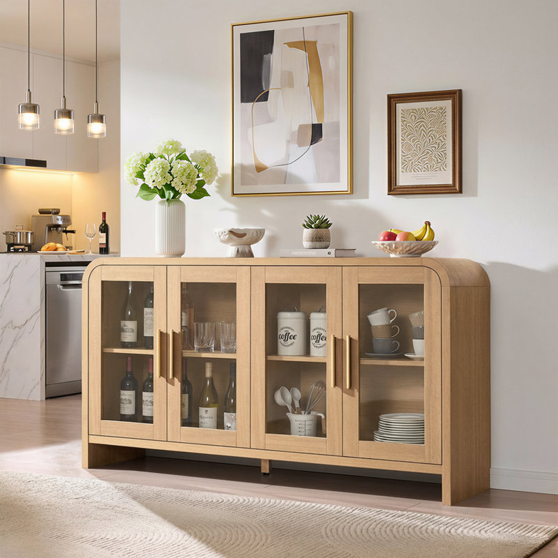 Modern Curved Sideboard, Buffet Storage Cabinet, Media Console  With 4 Glass Doors And Adjustable Shelves, Oak