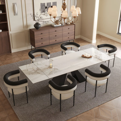Doinita 9 - Piece 110.23'' Extendable Sintered Stone Dining Table with 8 Fabric Arm Chairs Dining Set