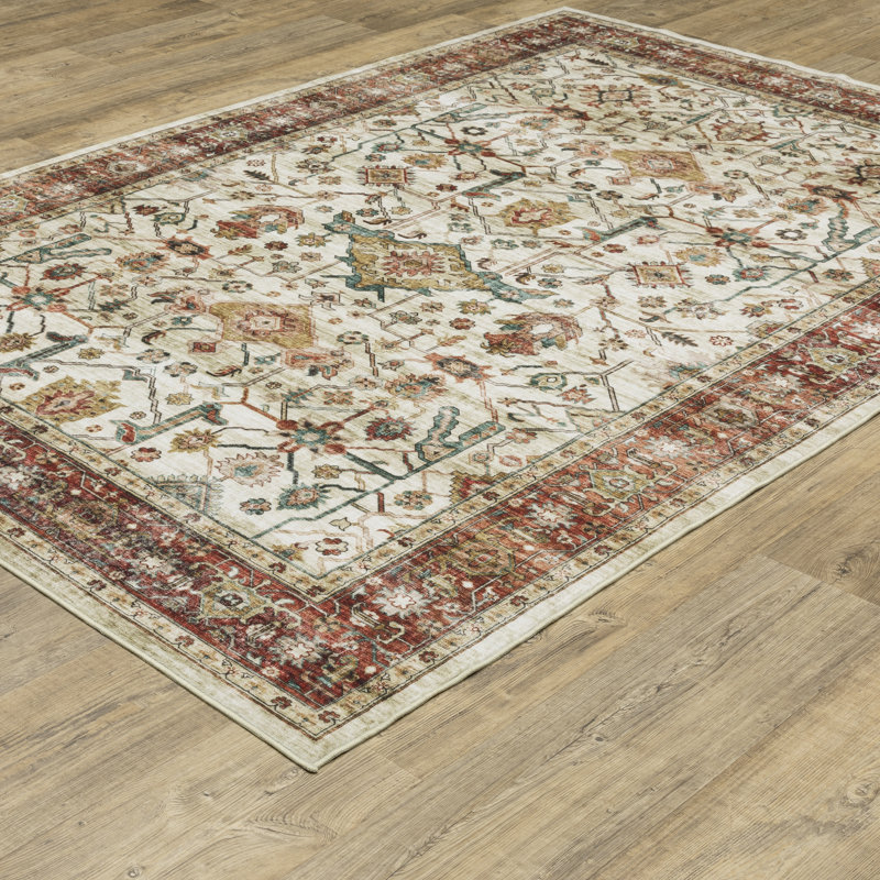 Silas Vintage Bordered Traditional Ivory/Red Washable Area Rug Mat, Rectangle 7'6" x 10'