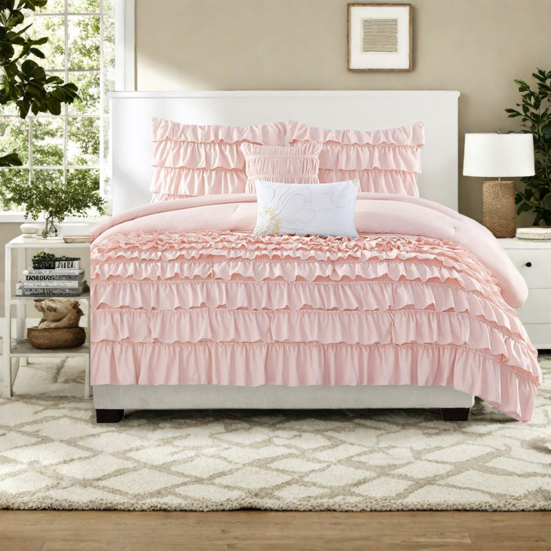 Ensembles de literie Elegant Blush, édredon en polyester à volants, parfait pour la décoration intérieure