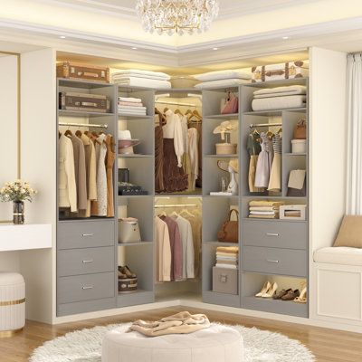 Freestanding 87.2" L x 39.2" W x 80" H Corner Closet Organizer with 5 Drawers and 12 Shelves