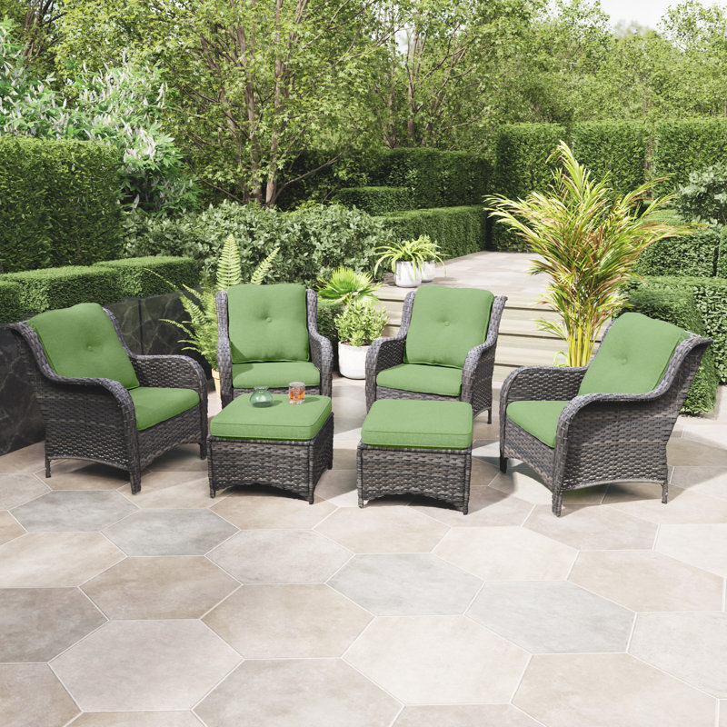 Ensemble de conversation en osier pour 4 personnes avec coussins et repose-pieds, Vert
